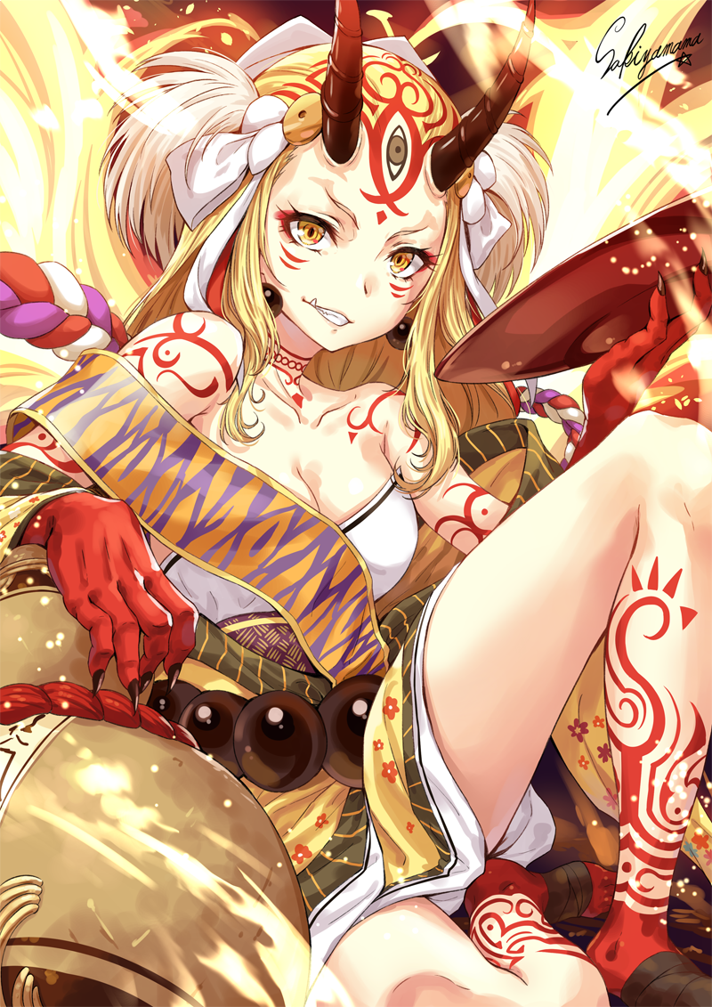 beads blonde_hair facial_mark fang_out fate/grand_order fate_(series) fingernails horns ibaraki_douji_(fate/grand_order) japanese_clothes kimono off_shoulder oni oni_horns sakiyamama sharp_fingernails tattoo yellow_eyes yellow_kimono