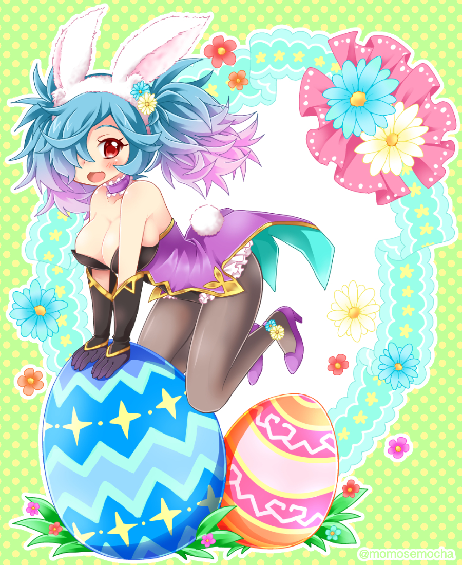 1girl animal_ears blue_hair blush breasts bunny_girl bunny_tail bunnysuit cleavage detached_collar easter_egg egg fake_animal_ears fire_emblem fire_emblem_if flower gloves hair_over_one_eye long_hair momosemocha multicolored_hair open_mouth pieri_(fire_emblem_if) pink_hair rabbit_ears red_eyes smile solo tail twintails two-tone_hair