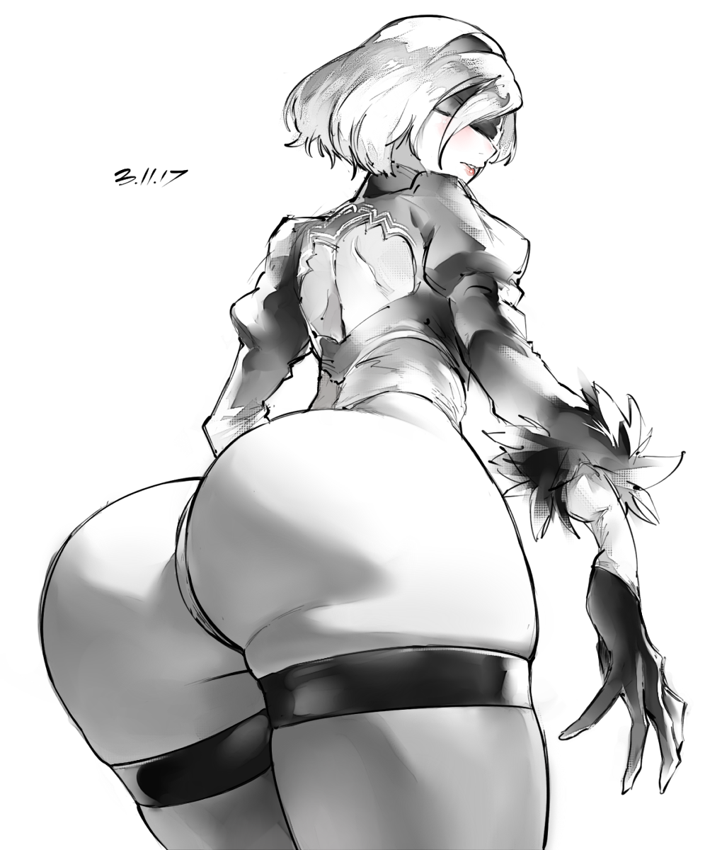 1girl ass blindfold boots dated dress highres kenshin187 leaning_forward leotard looking_at_viewer looking_back monochrome nier_(series) nier_automata open-back_dress short_hair silver_hair simple_background skindentation skirt skirt_removed solo thigh-highs thigh_boots thighs white_background yorha_no._2_type_b