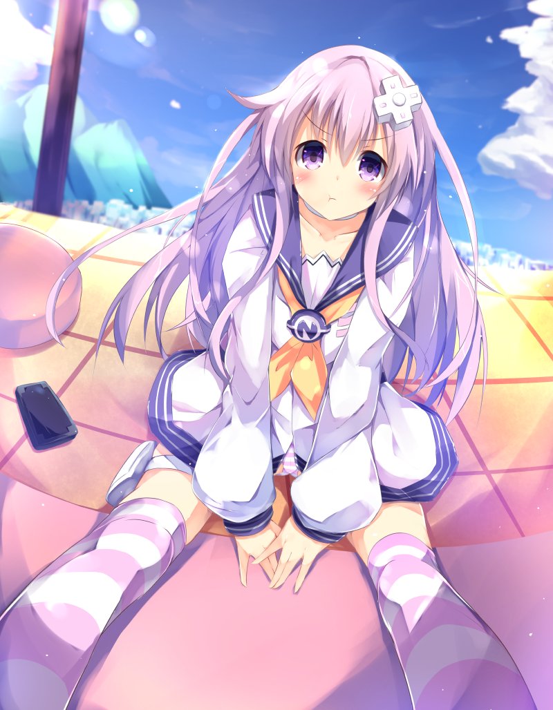 1girl angry blush choujigen_game_neptune clouds cloudy_sky collarbone d-pad dress hair_ornament hinata_yuu_(atelierhinata) long_hair looking_at_viewer nepgear neptune_(series) pink_hair shin_jigen_game_neptune_vii sitting sky solo thighs violet_eyes