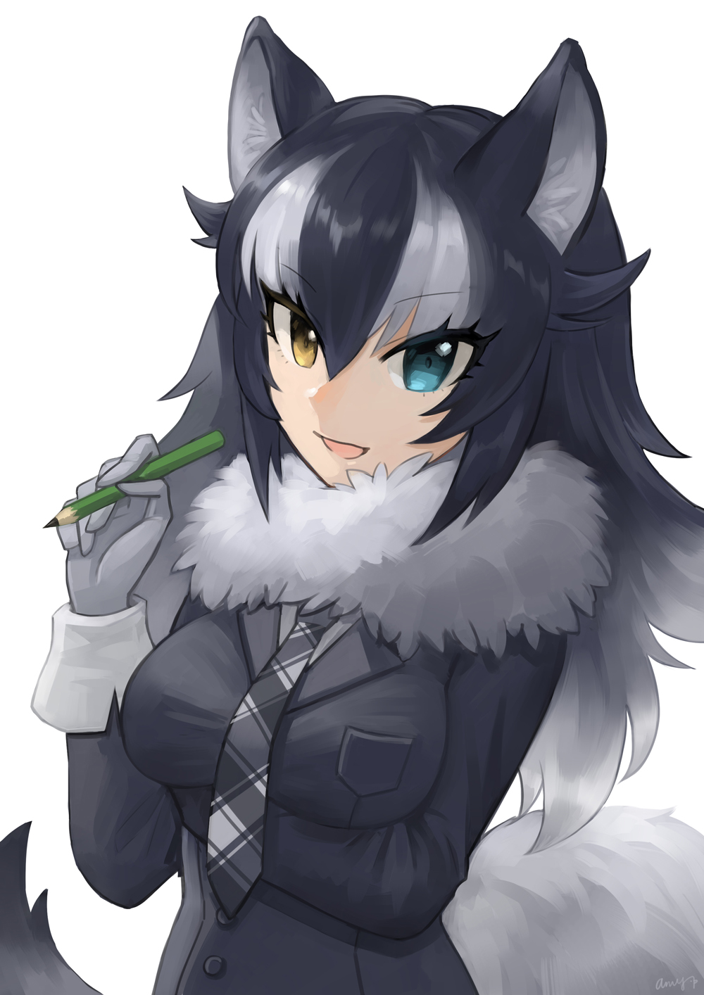 1girl amy30535 animal_ears between_breasts black_hair blue_eyes breast_hold breasts checkered checkered_necktie fur_collar gloves grey_wolf_(kemono_friends) heterochromia highres kemono_friends large_breasts long_hair long_sleeves looking_at_viewer multicolored_hair necktie necktie_between_breasts open_mouth pencil signature simple_background solo tail two-tone_hair white_background wolf_ears wolf_tail yellow_eyes