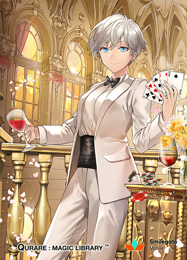 1girl bangs baudelaire_(qurare) blue_eyes bow bowtie card cup drinking_glass flower formal ice_(ice_aptx) indoors looking_at_viewer petals playing_card poker_chip qurare_magic_library sash short_hair silver_hair smile solo suit vase white_suit window wine_glass