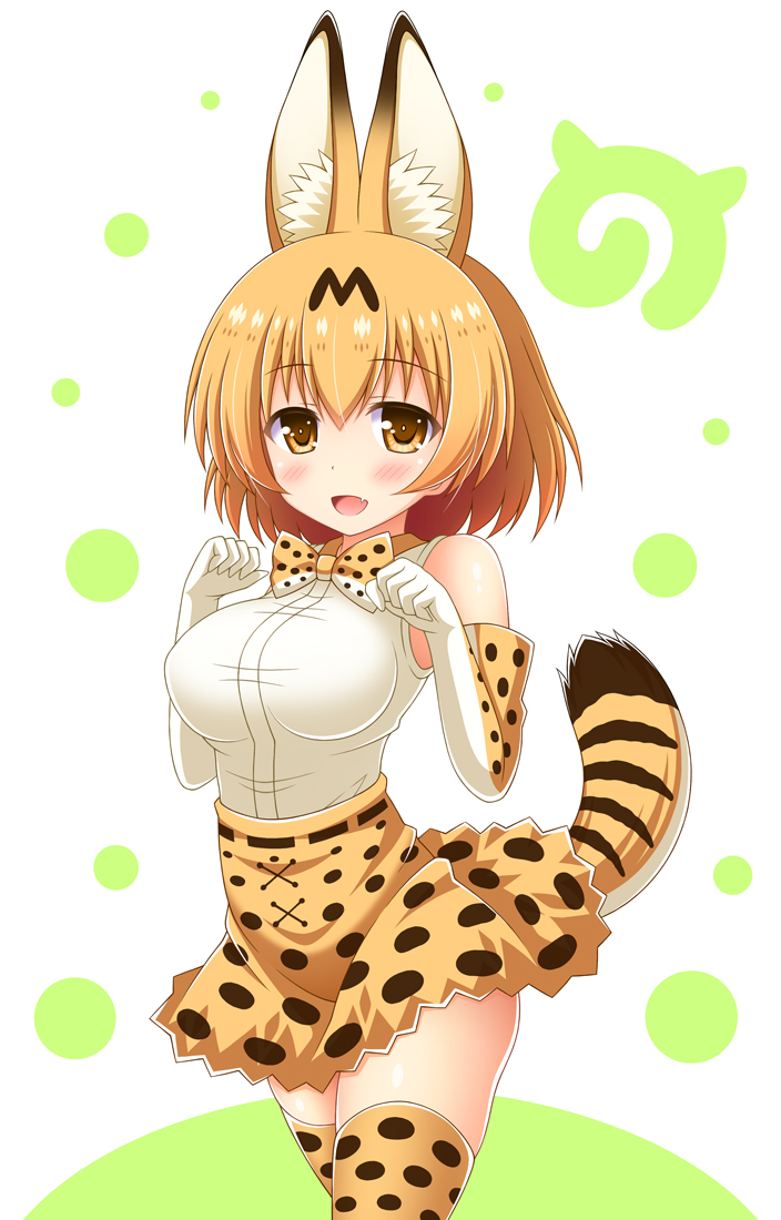 1girl :d animal_ears bare_shoulders blonde_hair blush bow bowtie breasts cowboy_shot elbow_gloves gloves kemono_friends looking_at_viewer medium_breasts nagana_sayui open_mouth paw_pose print_legwear print_skirt serval_(kemono_friends) serval_ears serval_print serval_tail shirt short_hair skirt sleeveless sleeveless_shirt smile solo tail thigh-highs white_shirt