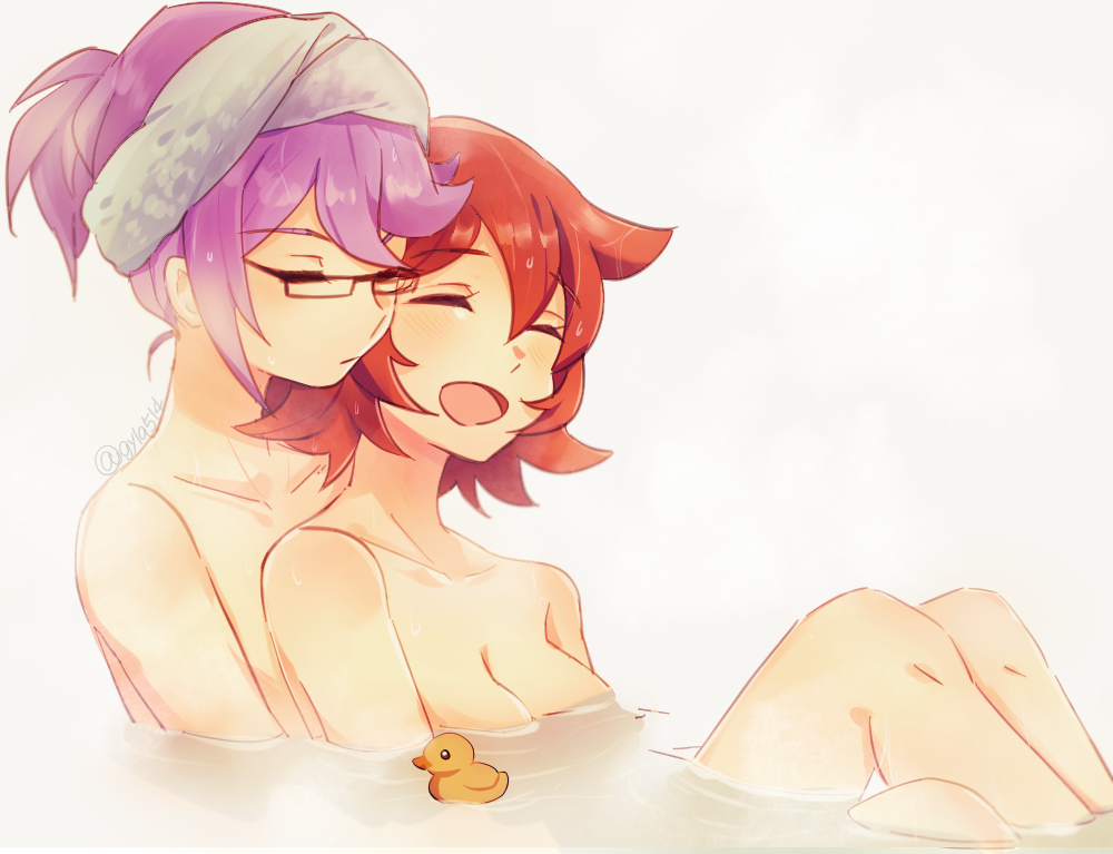 2girls :d ^_^ arm arms_at_sides bare_arms bare_legs bare_shoulders bath bathing blush breasts cleavage closed_eyes closed_mouth collarbone couple croix_meridies croix_meridius female glasses hair_between_eyes hair_up happy highres knees_up large_breasts laughing legs little_witch_academia multiple_girls mutual_yuri neck nonohana nude open_mouth purple_hair redhead rubber_duck serious shared_bathing shiny_chariot short_hair smile submerged towel towel_on_head twitter_username water wet wet_hair witch yuri