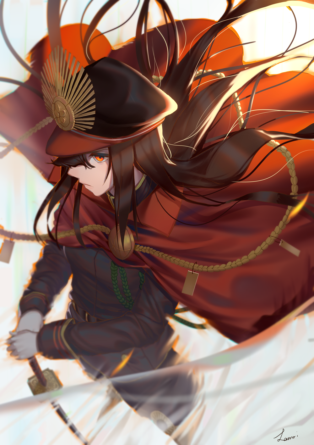 1girl black_hair cape demon_archer fate/grand_order fate_(series) from_above gloves hat highres japanese_clothes koha-ace lanzi_(415460661) long_hair long_sleeves military military_uniform orange_eyes sword uniform weapon white_gloves wind