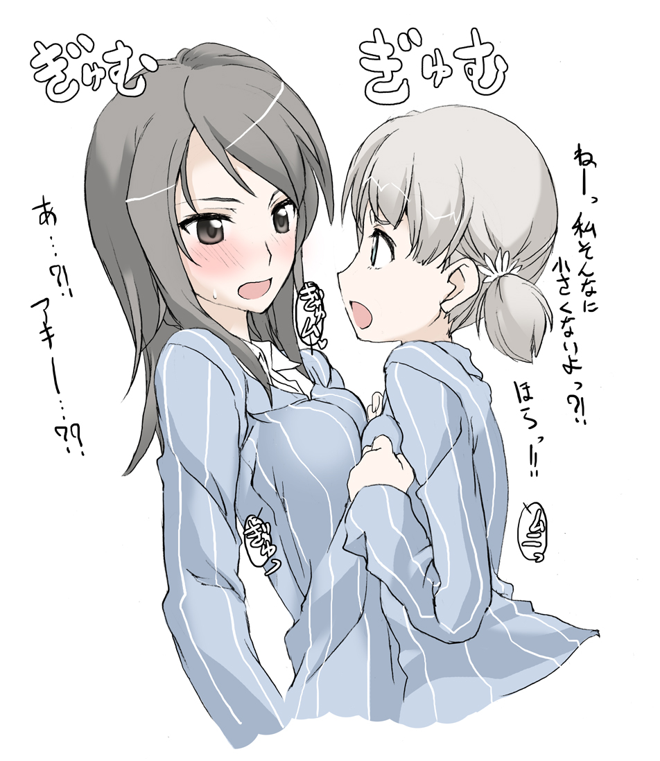 2girls aki_(girls_und_panzer) asymmetrical_docking blue_eyes blush breast_press brown_eyes brown_hair cropped_arms cropped_torso elf_(stroll_in_the_woods) girls_und_panzer mika_(girls_und_panzer) multiple_girls silver_hair sketch translation_request white_background