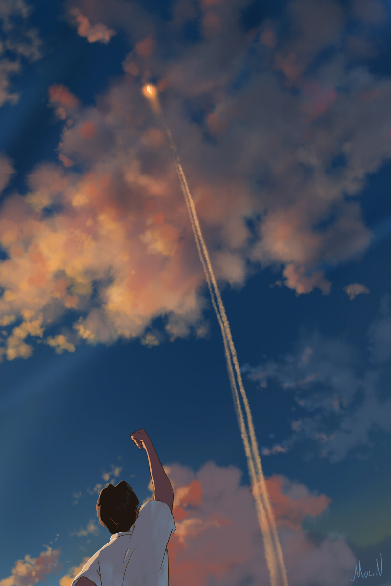 1boy afterburner aircraft airplane arm_up asaba_naoyuki blue_sky brown_hair clenched_hand clouds cloudy_sky commentary_request condensation_trail evening facing_away fist_pump from_below iriya_no_sora_ufo_no_natsu looking_up mac_naut male_focus outstretched_arm scenery shirt short_sleeves signature sky solo sunset white_shirt