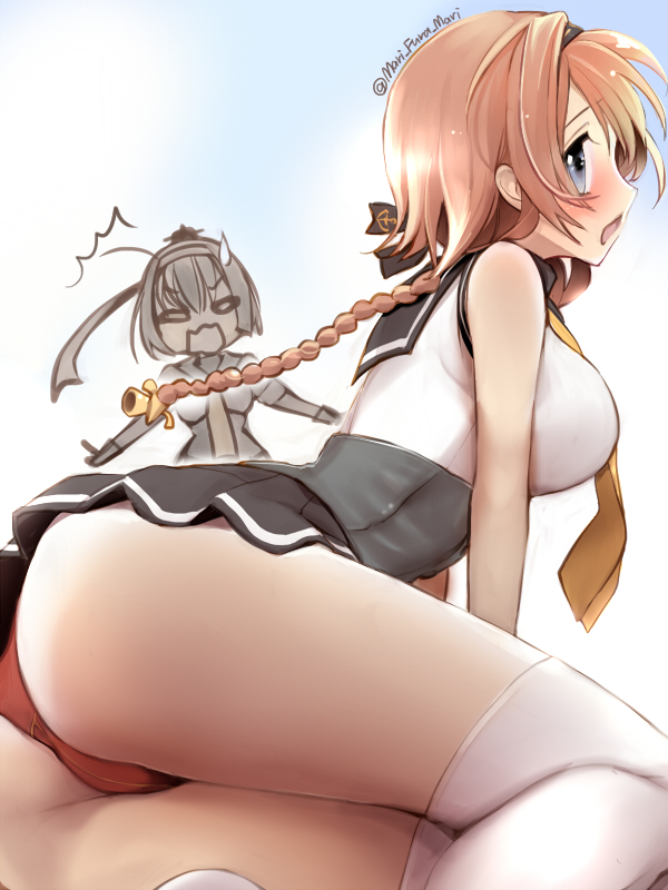 1girl akizuki_(kantai_collection) arm_support artist_name ass blue_eyes braid breasts from_side hair_ornament hairband headband kantai_collection kneehighs light_brown_hair long_hair looking_at_viewer medium_breasts miniskirt open_mouth pleated_skirt primary_stage school_uniform serafuku shirt skirt sleeveless sleeveless_shirt teruzuki_(kantai_collection) thighs twin_braids twitter_username