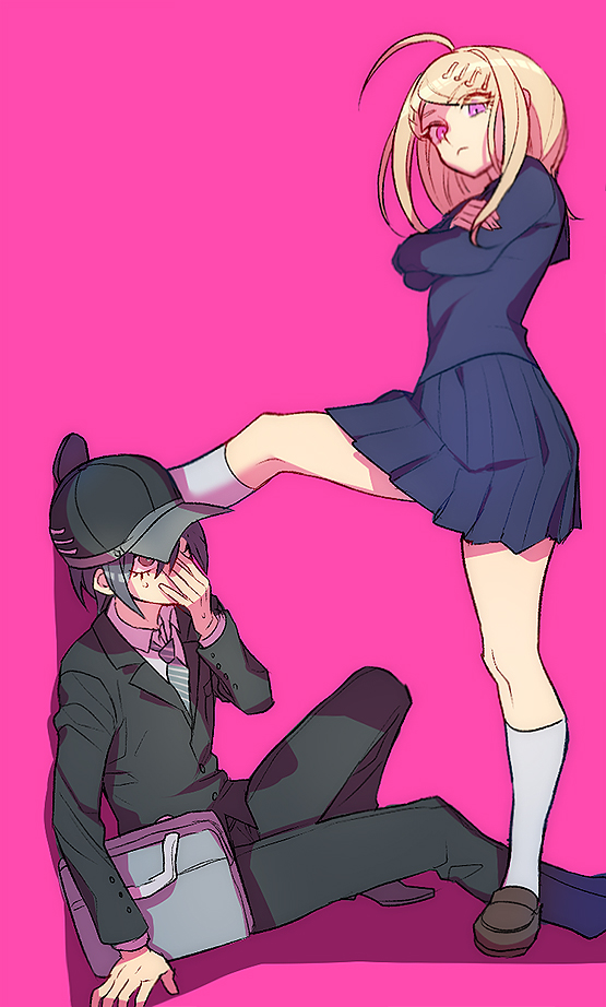 1boy 1girl ahoge akamatsu_kaede alternate_costume bag baseball_cap black_hair black_hat black_jacket black_pants blonde_hair blue_shirt blue_skirt buttons closed_mouth collared_shirt covering_mouth crossed_arms dangan_ronpa frown full_body hat jacket kneehighs long_hair long_sleeves looking_up necktie new_dangan_ronpa_v3 pants pink_background pleated_skirt saihara_shuuichi school_bag school_uniform shirt short_hair simple_background sitting skirt standing standing_on_one_leg striped sweatdrop violet_eyes white_legwear zuizi