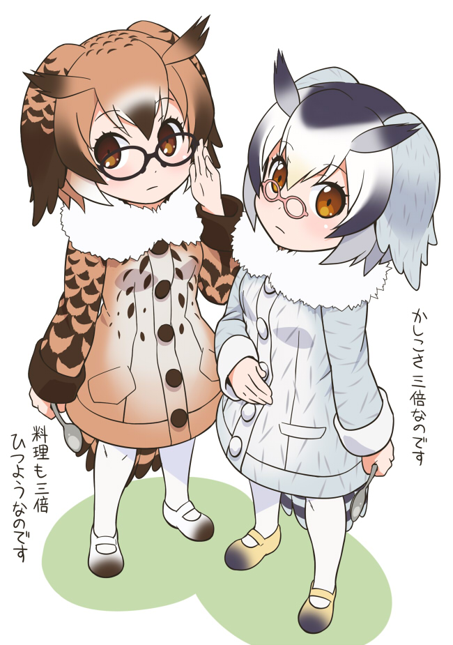 2girls adjusting_glasses animal_ears bespectacled black_hair blush brown_eyes brown_hair buttons character_request coat eurasian_eagle_owl_(kemono_friends) eyebrows_visible_through_hair fur_collar fur_trim glasses grey_hair hair_between_eyes head_wings kemono_friends long_sleeves looking_at_viewer multicolored_hair multiple_girls northern_white-faced_owl_(kemono_friends) pantyhose short_hair silver_hair tail translated white_hair wings youkan