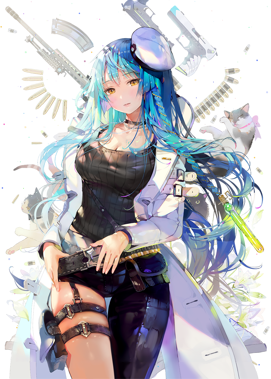 1girl asymmetrical_clothes belt blue_hair braid breasts bullet cat choker cleavage dahl-lange delphine_(qurare) eyebrows_visible_through_hair flower gun hair_ornament handgun hat head_tilt highres holster jacket jewelry large_breasts long_hair looking_at_viewer magazine_(weapon) multicolored_hair necklace parted_lips petals qurare_magic_library side_braid sidelocks single_braid solo symbol-shaped_pupils tank_top thigh_holster thigh_strap very_long_hair weapon weapon_request yellow_eyes