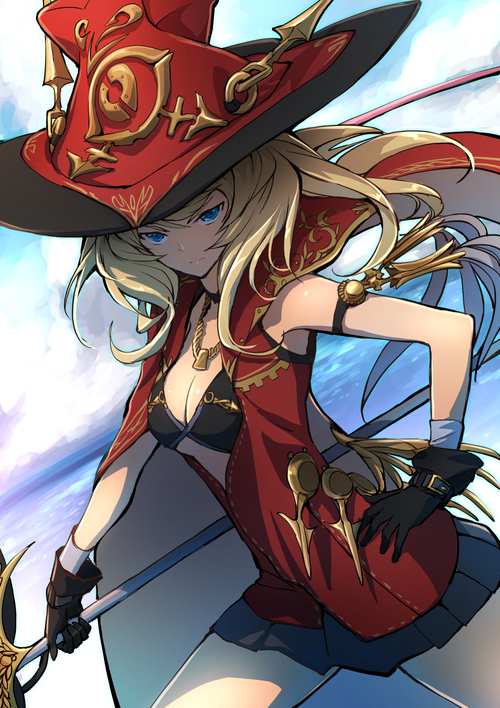 &gt;:( 1girl armlet armpits bangs bare_shoulders beach bikini_top black_bikini_top black_gloves black_skirt blonde_hair blue_eyes breasts cape choker cleavage closed_mouth cowboy_shot gloves hand_on_hip hat highres holding holding_staff jewelry long_hair looking_at_viewer miniskirt necklace noraico original serious skirt solo staff witch_hat