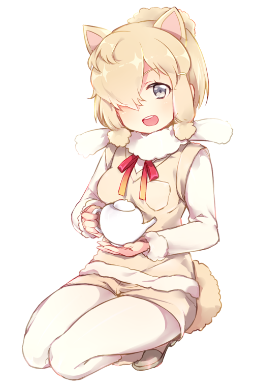 1girl alpaca_ears alpaca_suri animal_ears blonde_hair commentary_request fur_collar fur_trim hair_over_one_eye kemono_friends leafwow long_sleeves looking_at_viewer open_mouth pantyhose shirt short_hair sidelocks smile solo squatting tail teapot