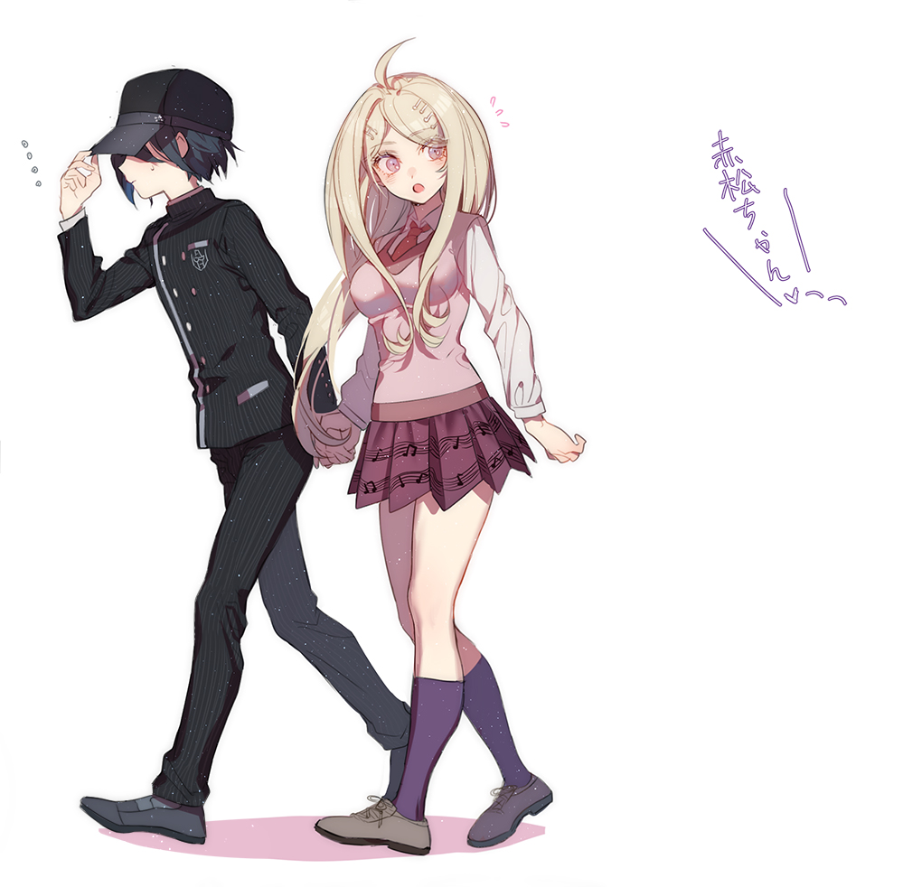 1boy 1girl adjusting_clothes adjusting_hat ahoge akamatsu_kaede blonde_hair dangan_ronpa full_body hand_holding hat long_hair new_dangan_ronpa_v3 open_mouth saihara_shuuichi school_uniform shirt sweater_vest white_background white_shirt zuizi