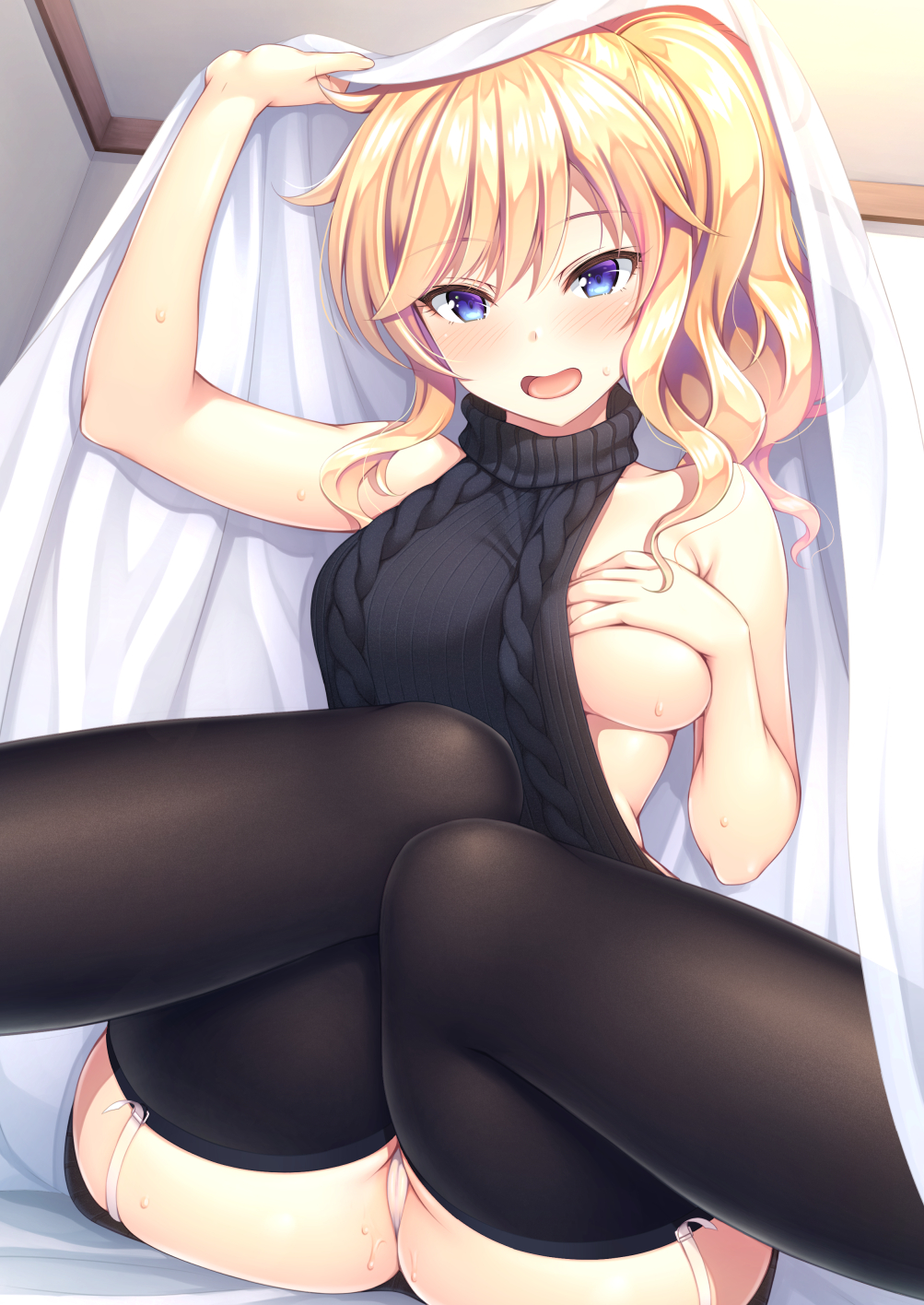 asami_asami blonde_hair blue_eyes blush dress gloves hand_on_own_chest happy highres idolmaster idolmaster_cinderella_girls idolmaster_cinderella_girls_starlight_stage long_hair looking_at_viewer meme_attire ootsuki_yui sitting smile sweater sweater_dress sweater_vest tagme thighs virgin_killer_sweater