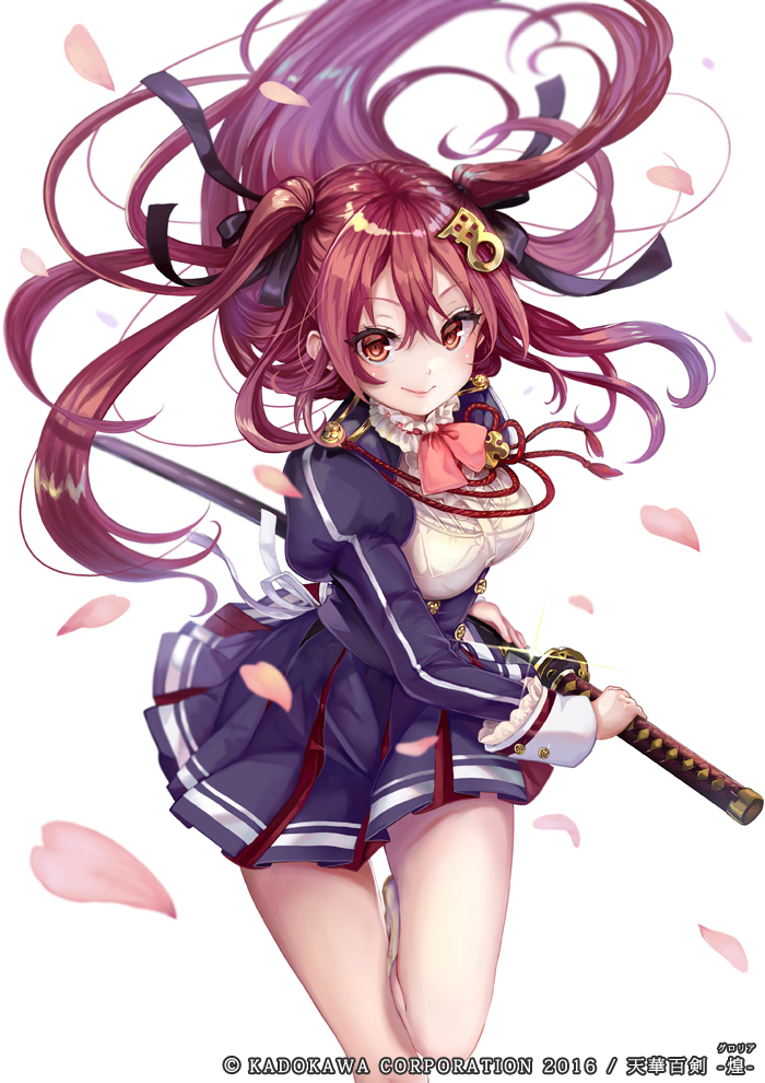 1girl black_dress black_ribbon blush breasts character_request closed_mouth cowboy_shot dress floating_hair frilled_shirt_collar frills glint hair_ornament hair_ribbon holding holding_sword holding_weapon juliet_sleeves katana leaning_forward long_hair long_sleeves looking_at_viewer medium_breasts neck_ribbon official_art petals pink_ribbon pisuke puffy_sleeves red_eyes redhead ribbon sheath short_dress smile solo sword tenka_hyakken two_side_up underbust unsheathing weapon