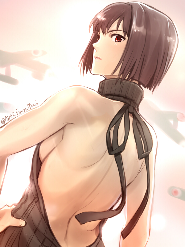 1girl aircraft airplane bare_arms bare_shoulders breasts brown_eyes brown_hair hyuuga_(kantai_collection) kantai_collection primary_stage short_hair sideboob solo tagme twitter_username