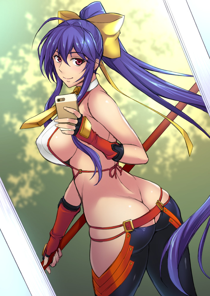 1girl antenna_hair ass backless_outfit bare_shoulders black_pants blazblue blue_hair bow breasts butt_crack cellphone erect_nipples female fingerless_gloves genderswap genderswap_(mtf) gloves hair_bow hair_ribbon ishigaki_takashi large_breasts long_hair looking_at_viewer lowleg lowleg_pants mai_natsume mirror pants phone polearm ponytail red_eyes red_gloves reflection ribbon self_shot shiny shiny_hair sideboob sidelocks skindentation smartphone smile solo spear very_long_hair weapon
