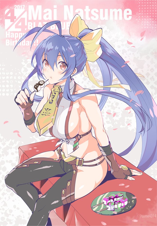 1girl :t antenna_hair bare_shoulders birthday black_pants blazblue blazblue:_central_fiction blazblue_remix_heart blazblue_variable_heart blue_hair blush bow breasts character_name cherry_blossoms dango dated eating female fingerless_gloves food genderswap genderswap_(mtf) gloves hair_between_eyes hair_bow halter_top halterneck happy_birthday holding holding_food large_breasts long_hair looking_at_viewer mai_natsume no_bra no_panties official_art pants petals ponytail red_eyes revealing_clothes ribbon shiny shiny_hair shiny_skin sideboob sidelocks sitting solo sumeshi_(ambivalince) twitter_username very_long_hair wagashi