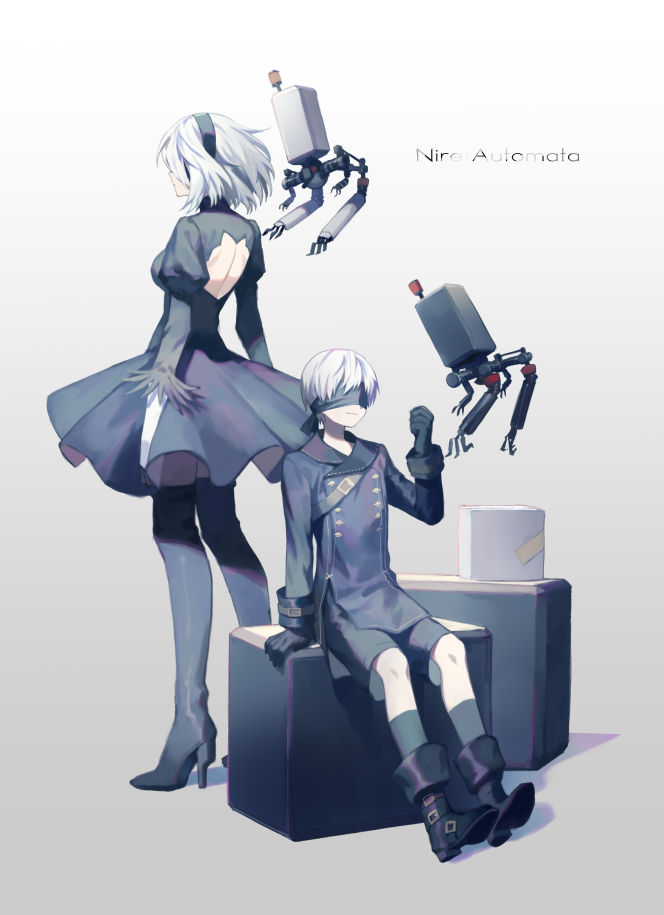 1boy 1girl back-to-back bangs black_boots black_dress black_legwear black_shorts blindfold boots closed_mouth copyright_name dress high_heel_boots high_heels lor968 nier_(series) nier_automata open-back_dress pod_(nier_automata) short_hair shorts sitting standing thigh-highs thigh_boots typo white_hair yorha_no._2_type_b yorha_no._9_type_s