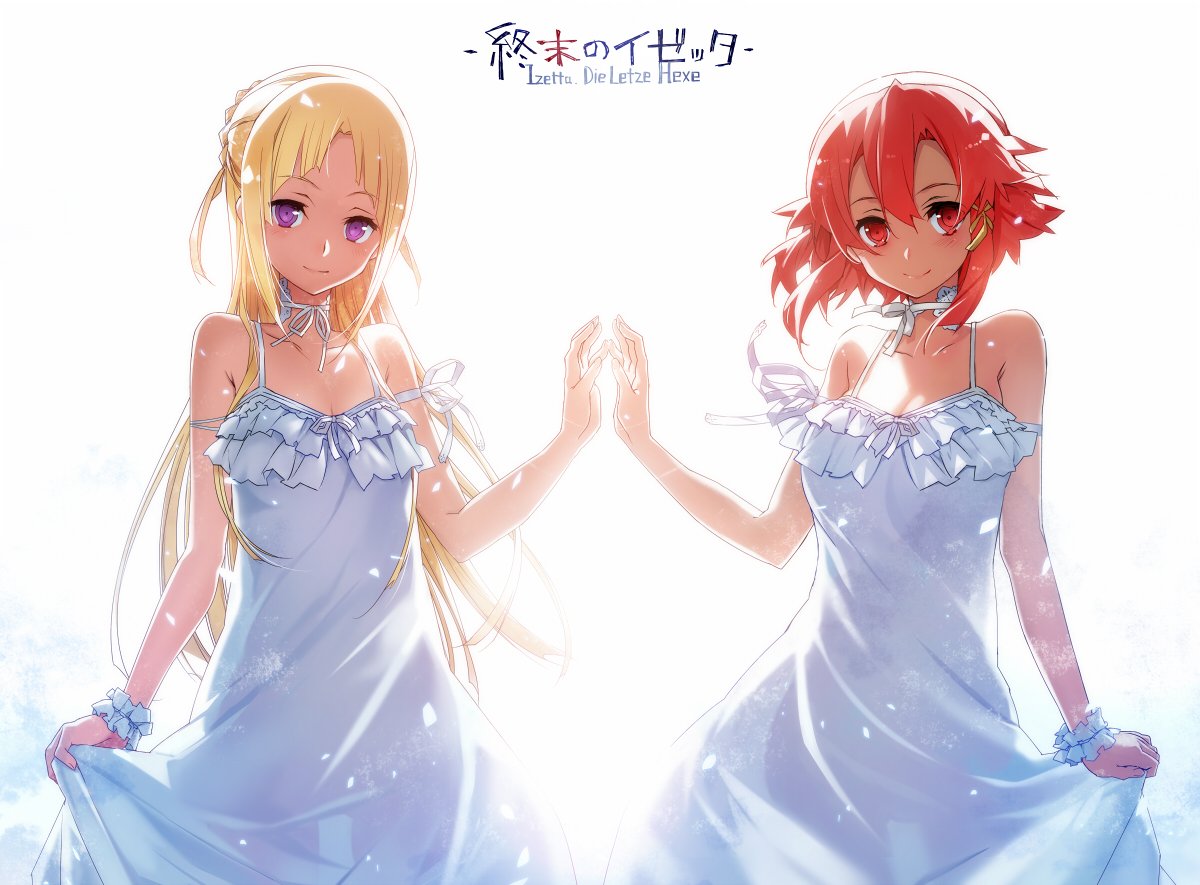 2girls backlighting bare_arms bare_shoulders blonde_hair braid breasts bunbun choker cleavage closed_mouth copyright_name cowboy_shot dress frilled_dress frills hair_between_eyes hair_ornament hair_ribbon hands_together izetta looking_at_viewer multiple_girls ortfine_fredericka_von_eylstadt outstretched_arm red_eyes redhead ribbon ribbon_choker see-through see-through_silhouette shuumatsu_no_izetta simple_background skirt_hold sleeveless sleeveless_dress small_breasts smile violet_eyes white_background white_dress white_ribbon wrist_cuffs x_hair_ornament yellow_ribbon