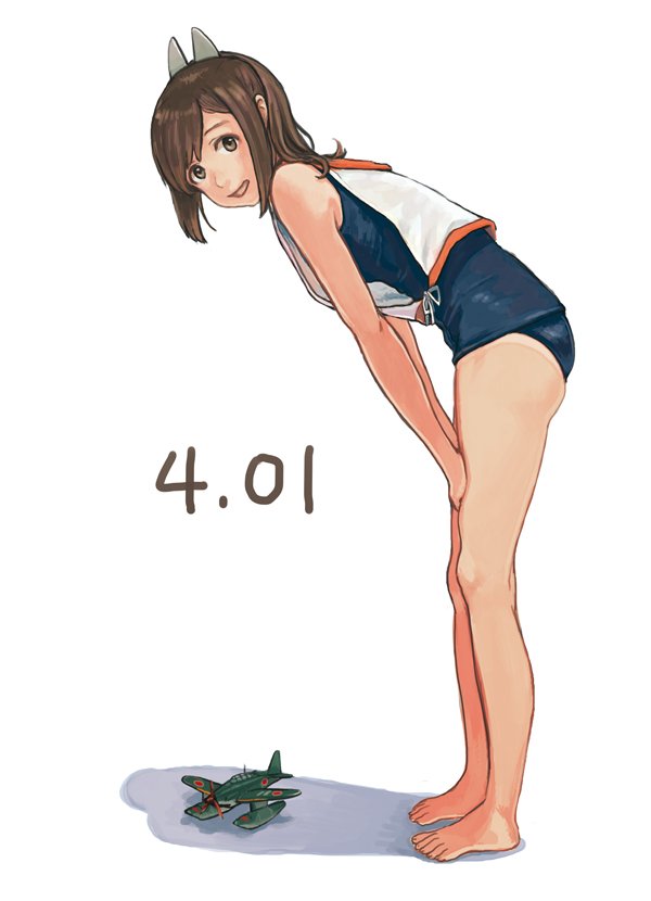 1girl barefoot bent_over brown_eyes brown_hair commentary_request dated from_side full_body ground_vehicle gufu6 hair_ornament hands_on_own_thighs i-401_(kantai_collection) kantai_collection looking_at_viewer military military_vehicle motor_vehicle open_mouth pun sailor_collar sailor_shirt school_swimsuit seaplane shadow shirt sleeveless sleeveless_shirt smile solo swimsuit tan tank white_background