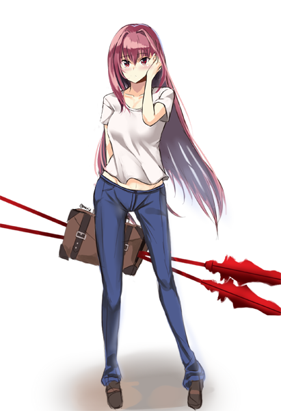 blush breasts collarbone denim fate/grand_order fate_(series) hand_in_hair hand_on_head i.f.s.f jeans long_hair pants purple_hair red_eyes scathach_(fate/grand_order) shirt shoes white_background