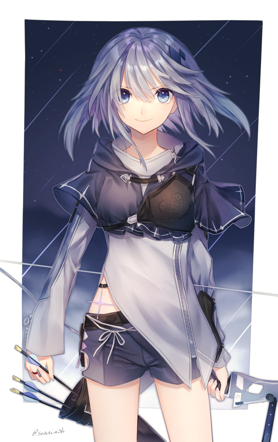 1girl arrow asymmetrical_clothes bangs blue_eyes bow_(weapon) capelet closed_mouth compound_bow cowboy_shot highres holding looking_at_viewer natsutora original quiver shorts silver_hair smile solo standing twitter_username weapon