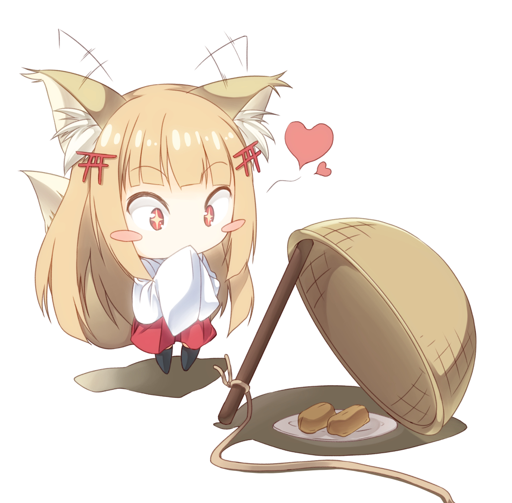 +_+ 1girl animal_ears bangs blonde_hair blunt_bangs blush_stickers chibi commentary da-mii drop_trap ear_wiggle food fox_ears fox_tail heart long_hair oshiro_project plate rope senko_(oshiro_project) simple_background solo stick tail tofu torii_hair_ornament white_background