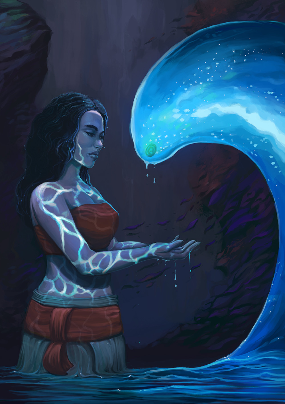 1girl beach black_hair brown_eyes collarbone dark_skin highres long_hair midriff moana_(movie) moana_waialiki navel ocean outdoors partially_submerged red skirt solo standing standing_on_liquid wading water wet wet_clothes wet_hair