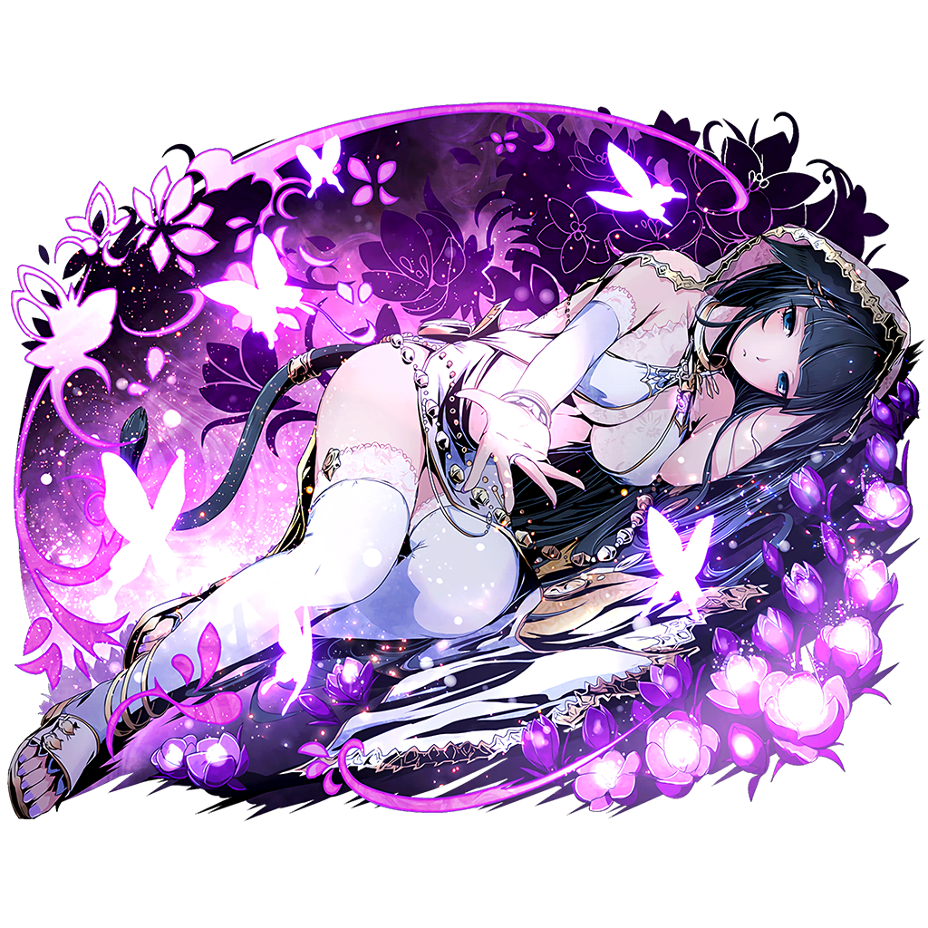 1girl black_hair blue_eyes breasts cleavage detached_sleeves divine_gate full_body halterneck hooded jewelry long_hair looking_at_viewer lying medium_breasts midriff mole mole_under_eye nail_polish on_side parted_lips purple_nails ring solo tail thigh-highs transparent_background ucmm very_long_hair white_legwear