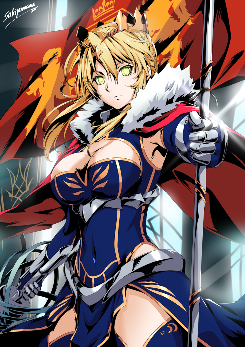 1girl armor armpits artist_name artoria_pendragon_lancer_(fate/grand_order) blonde_hair blue_gloves blue_legwear braid breasts cape cleavage closed_mouth covered_navel crown fate/grand_order fate_(series) flag french_braid fur gauntlets gloves glowing glowing_eyes green_eyes hair_between_eyes holding holding_weapon lance long_hair looking_at_viewer medium_breasts polearm red_cape saber sakiyamama solo thigh-highs thighs upper_body weapon