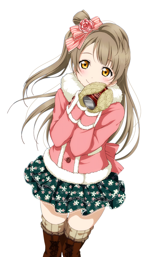 1girl boots brown_boots brown_hair floating_hair flower gloves green_skirt hair_flower hair_ornament hair_ribbon holding layered_skirt long_hair looking_at_viewer love_live! love_live!_school_idol_project minami_kotori pink_flower pink_ribbon pink_sweater ribbon side_ponytail skirt smile solo standing striped striped_ribbon sweater thigh-highs thigh_boots transparent_background yellow_eyes