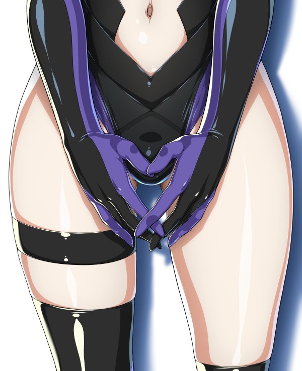 1girl asymmetrical_legwear black_leotard crotch elbow_gloves fate/grand_order fate_(series) fingers_together gloves gluteal_fold hyouju_issei leotard navel shadow shielder_(fate/grand_order) shiny shiny_skin simple_background skindentation solo thigh-highs thigh_strap white_background