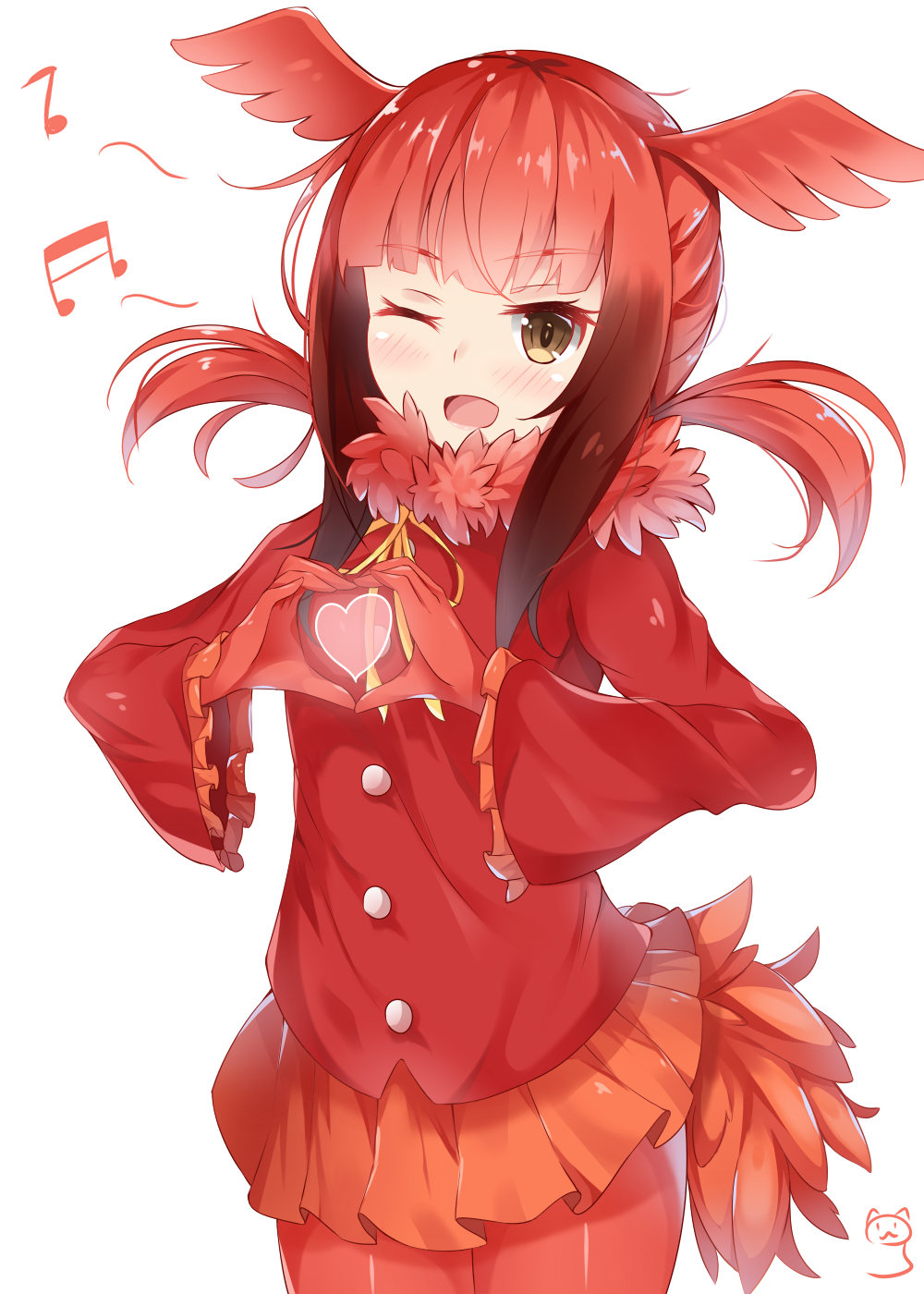 1girl ;d bangs beamed_quaver brown_hair cowboy_shot eyebrows_visible_through_hair frilled_sleeves frills fur_collar gradient_hair grey_background head_wings heart heart_hands highres kemono_friends looking_at_viewer multicolored_hair musical_note one_eye_closed open_mouth orange_skirt pantyhose quaver red_legwear red_wings redhead scarlet_ibis_(kemono_friends) sidelocks simple_background sin-poi skirt smile solo tail twintails wings