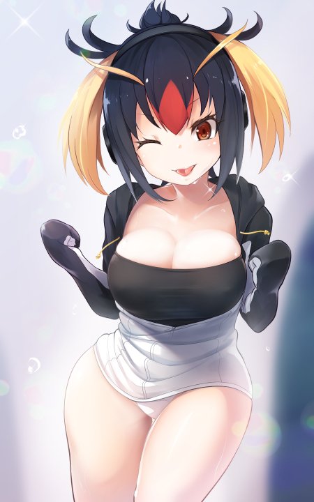 1girl :p bare_legs black_hair blush breasts cleavage clenched_hands collarbone cropped_legs headphones hood hoodie kemono_friends large_breasts long_sleeves looking_at_viewer multicolored_hair one_eye_closed panties pantyshot pantyshot_(standing) red_eyes rockhopper_penguin_(kemono_friends) short_twintails solo sparkle standing tank_top tongue tongue_out twilightrain twintails two-tone_hair underwear unzipped white_panties