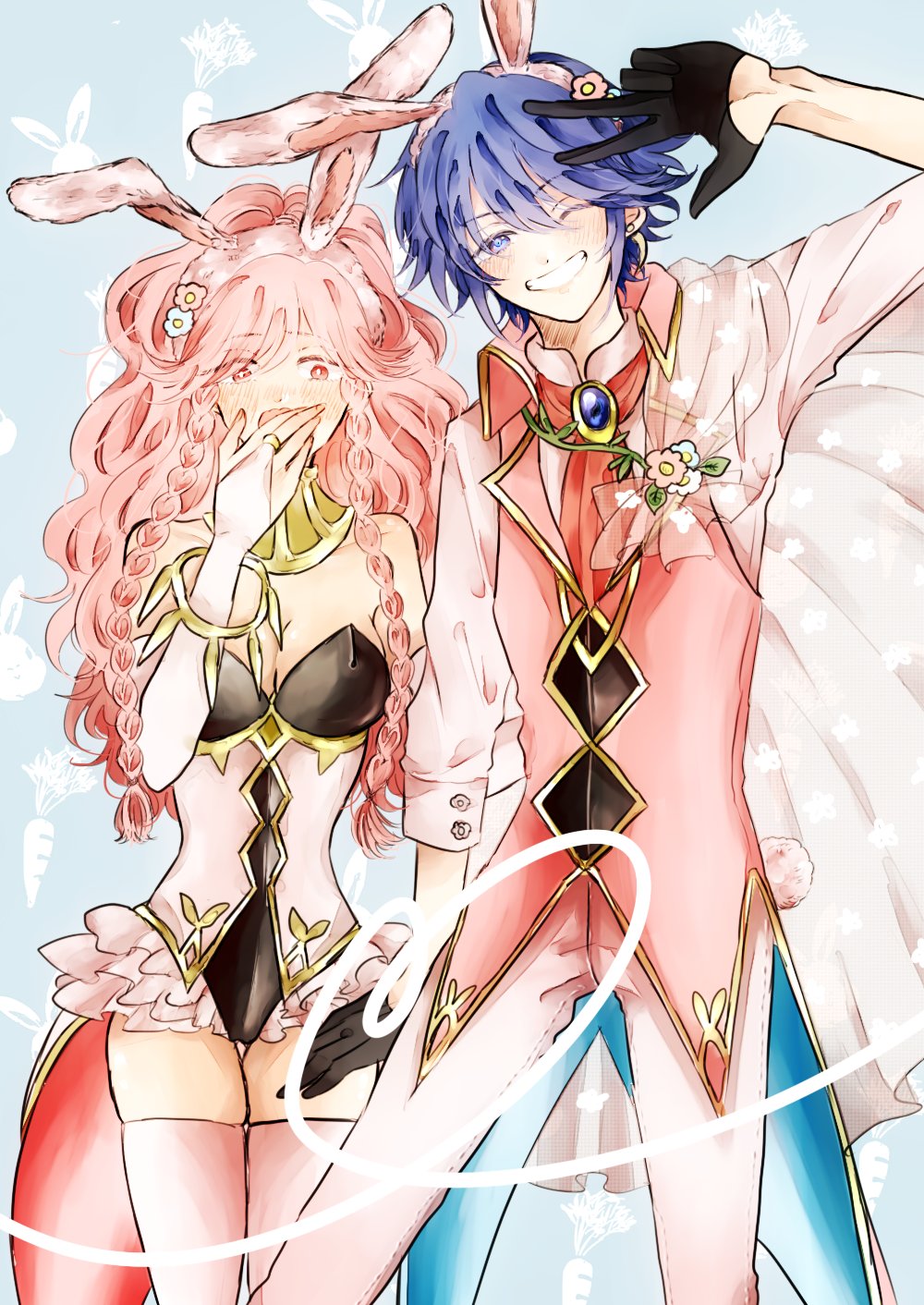 1boy 1girl animal_ears azur_(fire_emblem) blue_hair embarrassed fire_emblem fire_emblem:_kakusei fire_emblem_heroes fire_emblem_if gloves hand_holding highres looking_at_viewer mother_and_son olivia_(fire_emblem) pink_hair rabbit_ears smile