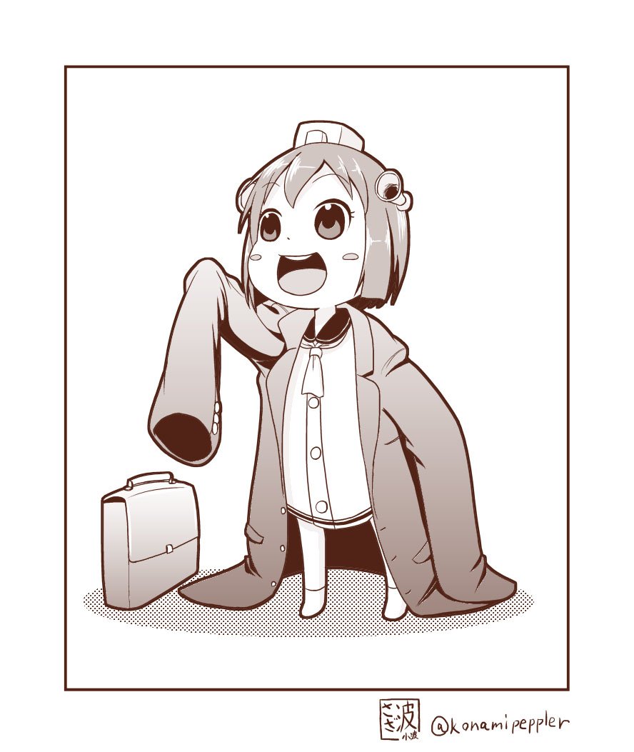 1girl arm_up blush_stickers briefcase commentary_request dress greyscale headgear headset jacket kantai_collection long_sleeves monochrome neckerchief open_mouth oversized_clothes sailor_dress sazanami_konami shadow short_hair sleeves_past_wrists smile solo twitter_username white_background yukishiro_honoka