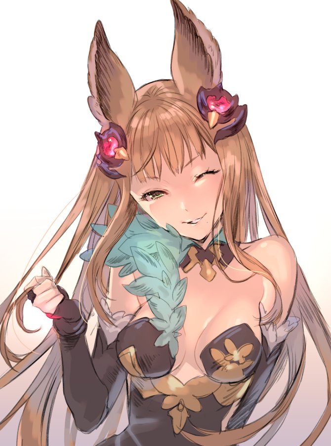 1girl animal_ears bare_shoulders blonde_hair breasts elbow_gloves erun_(granblue_fantasy) gloves granblue_fantasy hair_ornament looking_at_viewer medium_breasts metella_(granblue_fantasy) natsuhiko one_eye_closed smile