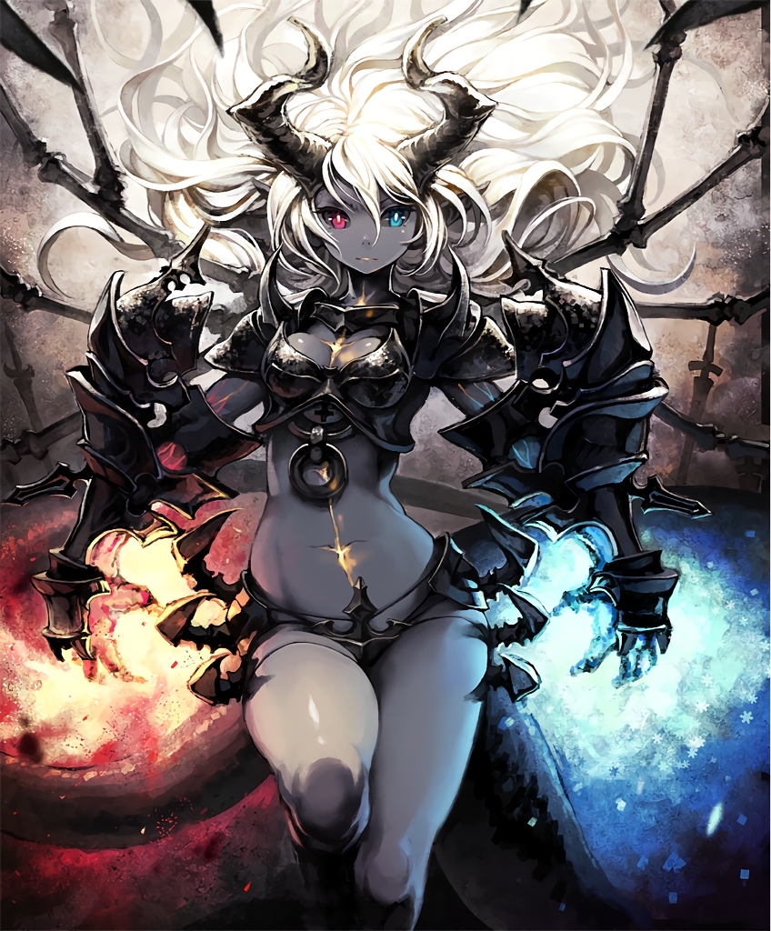 1girl armor artist_request black_sclera breastplate cross demon_girl demon_horns fire flame_and_glass gauntlets grey_skin heterochromia horns ice long_hair long_tail official_art pointy_ears revealing_clothes scar serious shadowverse shoulder_armor sword tail veins weapon white_hair