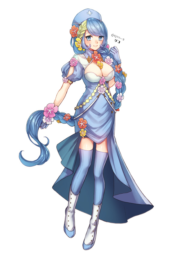 1girl blue_dress blue_eyes blue_gloves blue_hair blue_hat blue_legwear boots braid breasts cleavage comfey dress female flower gloves hair_flower hair_ornament hat kasuka108 large_breasts long_hair looking_at_viewer personification pokemon smile solo standing thigh-highs very_long_hair white_boots