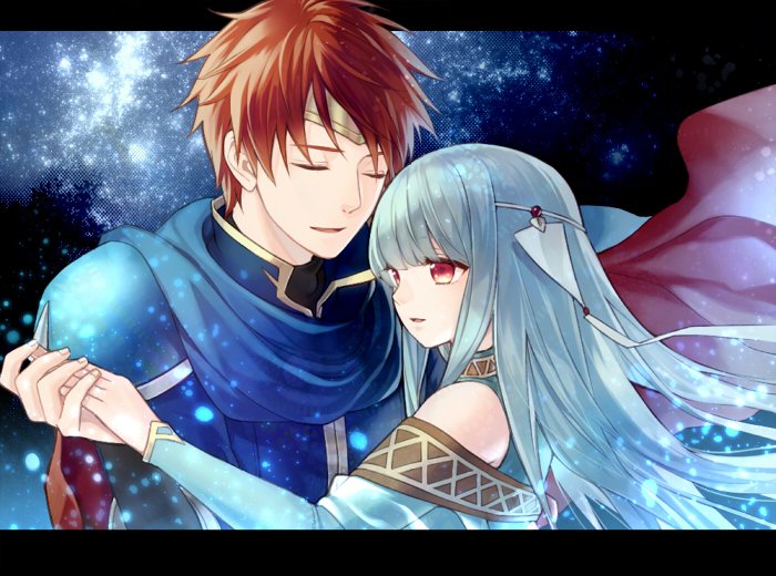 1boy 1girl :d bare_shoulders blue_cape cape closed_eyes couple dancing dress eliwood eliwood_(fire_emblem) fire_emblem fire_emblem:_rekka_no_ken hand_holding hetero highres kiyuu light_blue_hair long_hair neck ninian nintendo open_mouth pauldrons red_eyes redhead short_hair smile tiara upper_body