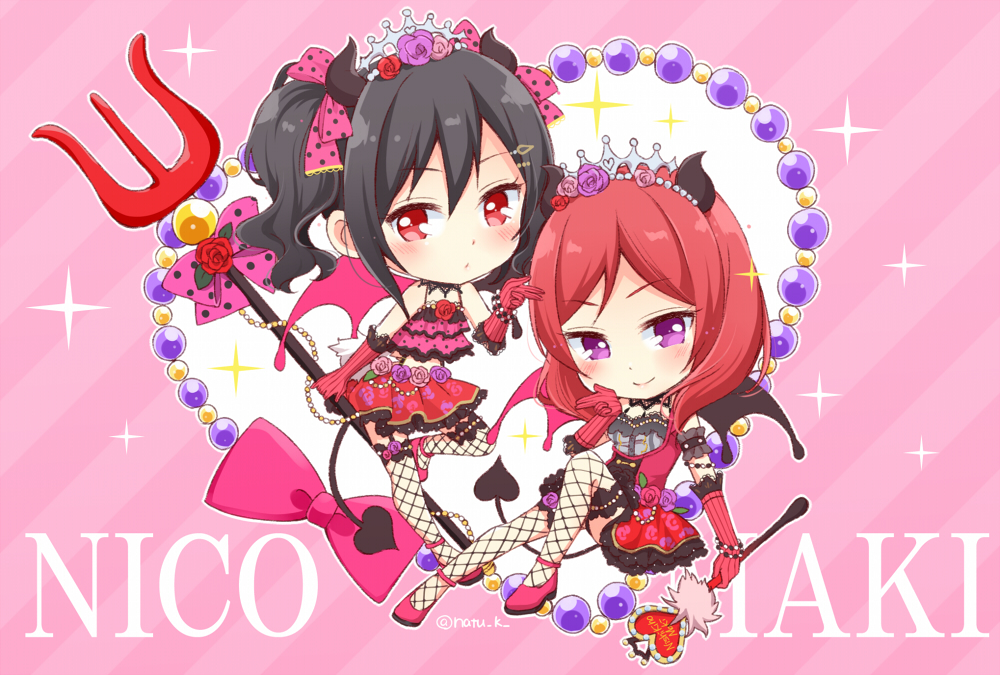 2girls black_hair bow character_name chibi demon_horns english fishnets hair_bow horn horns love_live! love_live!_school_idol_project multiple_girls natsu_(natume0504) nishikino_maki pink_bow pitchfork red_eyes redhead short_hair tiara twintails violet_eyes yazawa_nico