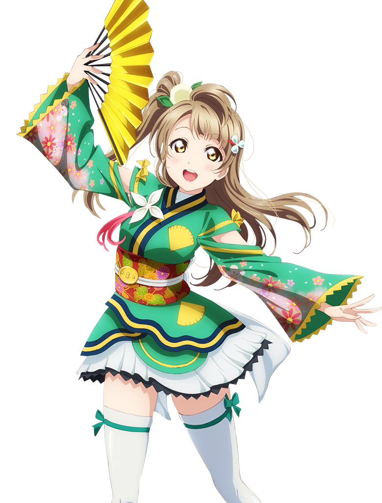 1girl :d brown_hair fan floating_hair green_kimono hair_ornament hairclip holding holding_fan japanese_clothes kimono long_hair looking_at_viewer love_live! love_live!_school_idol_project minami_kotori open_mouth outstretched_arm ribbon side_ponytail skirt smile solo standing thigh-highs transparent_background white_legwear white_skirt yellow_eyes yellow_ribbon