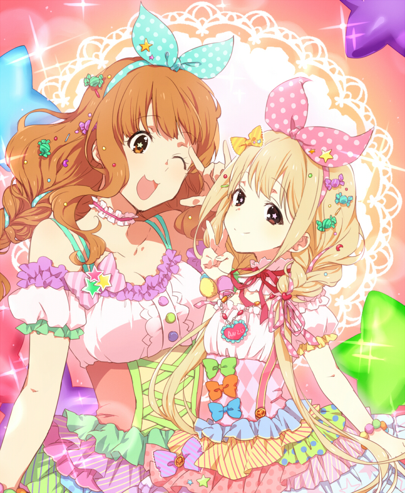 2girls :3 \m/ argyle bead_bracelet beads blonde_hair bracelet braid breasts brown_eyes brown_hair candy_hair_ornament catgirl0926 cleavage dress food_themed_hair_ornament frilled_dress frills futaba_anzu hair_ornament hair_ribbon hairband idolmaster idolmaster_cinderella_girls idolmaster_cinderella_girls_starlight_stage jewelry large_breasts moroboshi_kirari one_eye_closed open_mouth pink_dress puffy_short_sleeves puffy_sleeves ribbon short_sleeves smile sparkle star star-shaped_pupils symbol-shaped_pupils twin_braids v