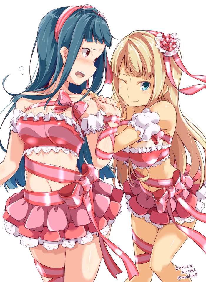 2girls ;) alessandra_susu bangs blonde_hair blue_eyes blue_hair blush breasts cleavage closed_mouth dated eyebrows_visible_through_hair flying_sweatdrops hair_ornament hair_ribbon kichihachi long_hair looking_at_another looking_at_viewer medium_breasts midriff miniskirt mole mole_under_eye multiple_girls navel one_eye_closed open_mouth pink_ribbon pink_skirt red_eyes red_skirt ribbon simple_background skirt smile standing striped striped_ribbon teeth tendouji_musubi thigh_ribbon tokyo_7th_sisters twitter_username white_background