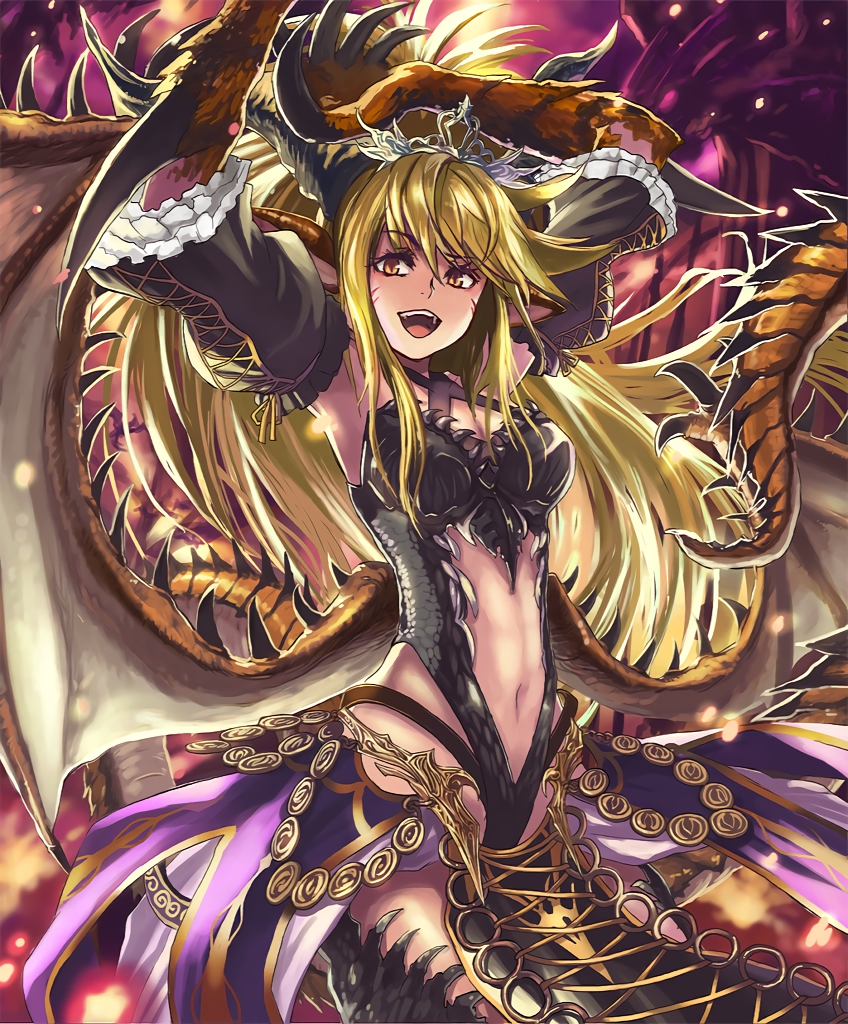 1girl :d arms_up artist_request blonde_hair crown detached_sleeves dragon_girl dragon_horns dragon_tail dragon_wings dragonewt_princess eyebrows_visible_through_hair frilled_sleeves frills horns loincloth long_hair navel official_art open_mouth orange_eyes pointy_ears raised_eyebrow scales shadowverse smile spikes tail teeth wings