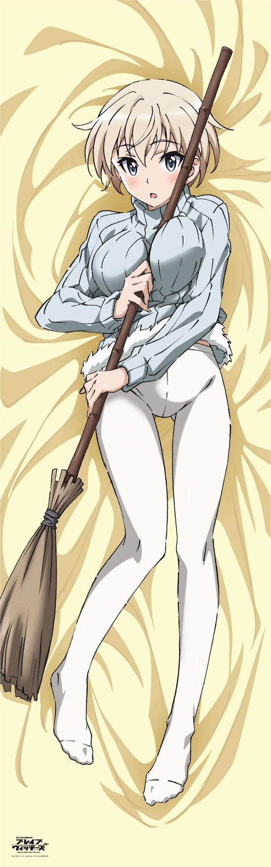 1girl artist_request bed between_breasts blonde_hair blue_eyes brave_witches broom crotch_seam dakimakura feet gluteal_fold highres nikka_edvardine_katajainen no_shoes official_art pantyhose short_hair sweater world_witches_series