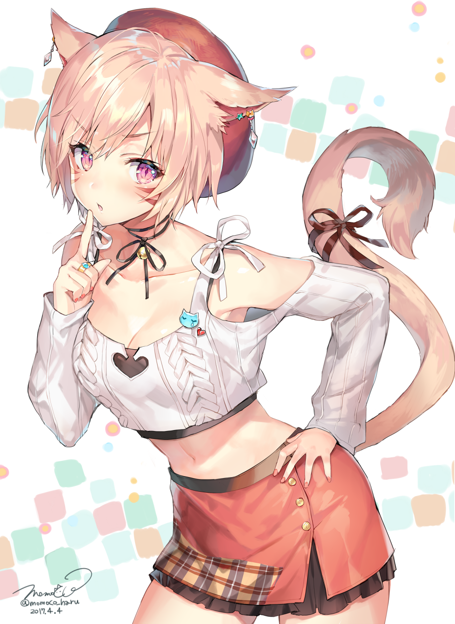 1girl animal_ears arm_up armpits bangs bare_shoulders beret blush breasts buttons cat_ears cat_girl cat_tail chestnut_mouth choker cleavage cleavage_cutout collarbone commentary_request contrapposto cowboy_shot crop_top ear_piercing facial_mark final_fantasy final_fantasy_xiv finger_to_mouth furrowed_eyebrows greyscale groin hand_on_hip hat heart_cutout highres index_finger_raised jewelry layered_clothing layered_skirt leaning_forward legs_apart long_sleeves looking_at_viewer looking_to_the_side midriff miqo'te momoko_(momopoco) monochrome navel neck_ribbon off_shoulder open_mouth parted_bangs piercing pink_eyes pleated_skirt ribbed_sweater ribbon ring short_hair shushing side_slit simple_background sketch skirt sleeves_past_wrists slit_pupils solo standing stomach sweater tail thighs work_in_progress