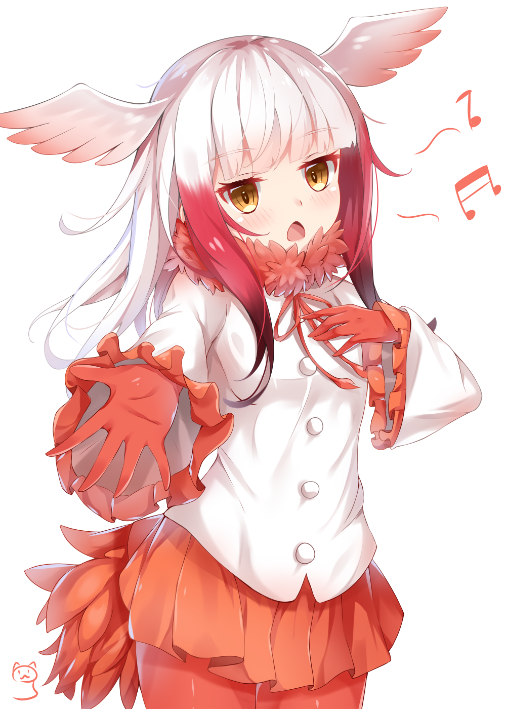1girl :3 bangs beamed_quavers blush brown_eyes cat chestnut_mouth cowboy_shot crested_ibis_(kemono_friends) eyebrows_visible_through_hair frilled_sleeves frills fur_collar gloves gradient_hair grey_background hand_on_own_chest head_wings highlights highres kemono_friends long_hair looking_at_viewer multicolored_hair musical_note open_mouth outstretched_amr pantyhose quaver red_gloves red_legwear red_skirt redhead sidelocks silver_hair simple_background sin-poi skirt solo tail two-tone_hair white_hair white_wings wings